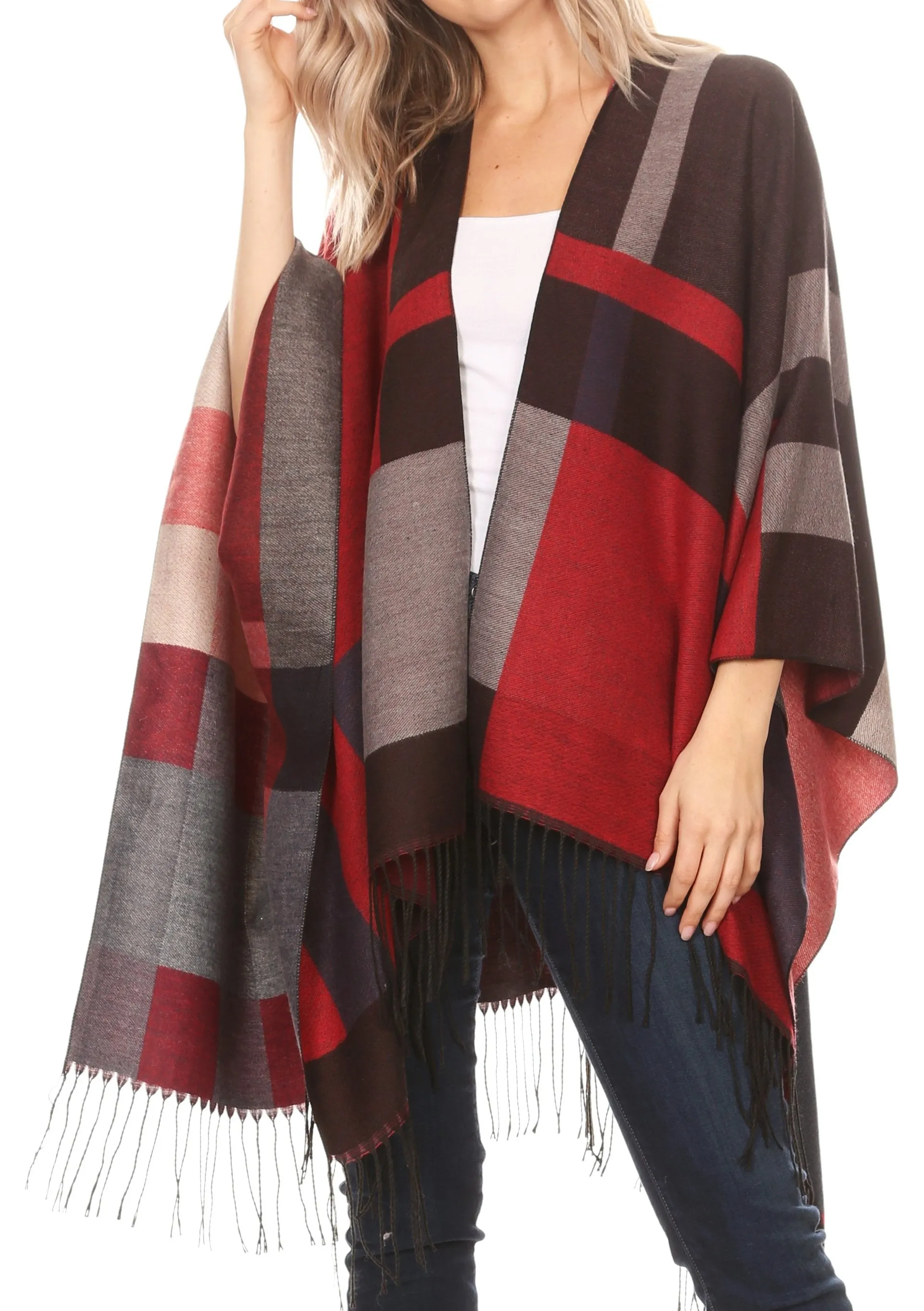 Sakkas Avi Women's Reversible Open Front Poncho Cardigan Ruana Cape Shawl W/Fringe