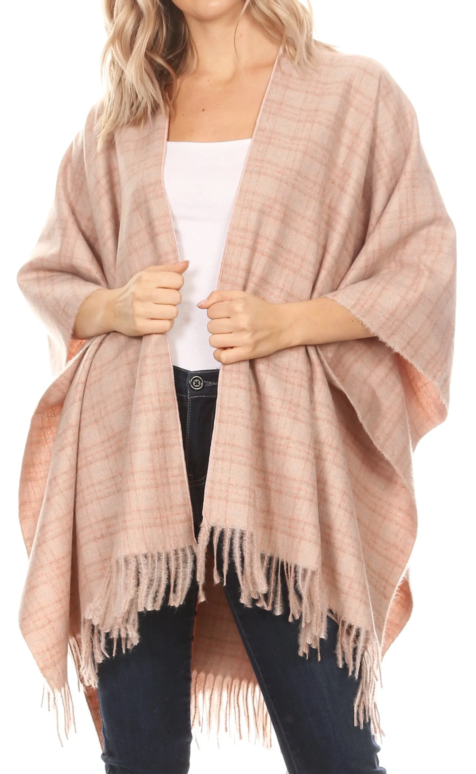 Sakkas Avi Women's Reversible Open Front Poncho Cardigan Ruana Cape Shawl W/Fringe