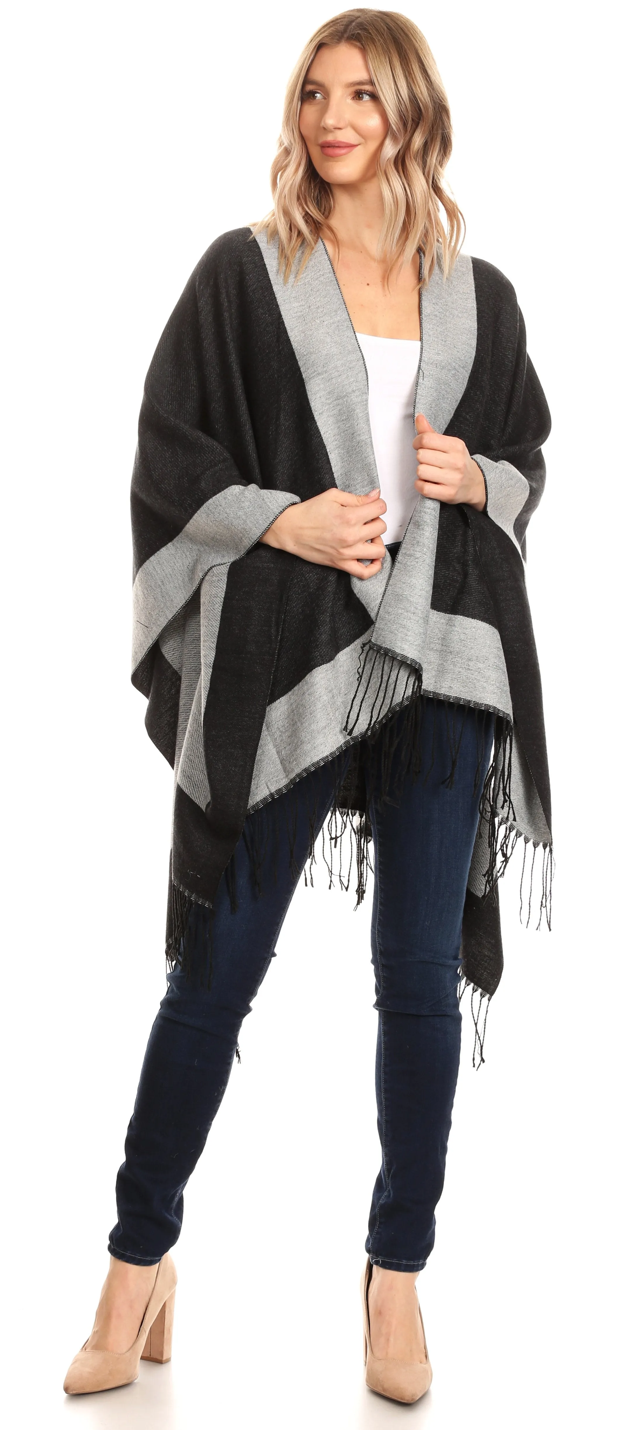 Sakkas Avi Women's Reversible Open Front Poncho Cardigan Ruana Cape Shawl W/Fringe