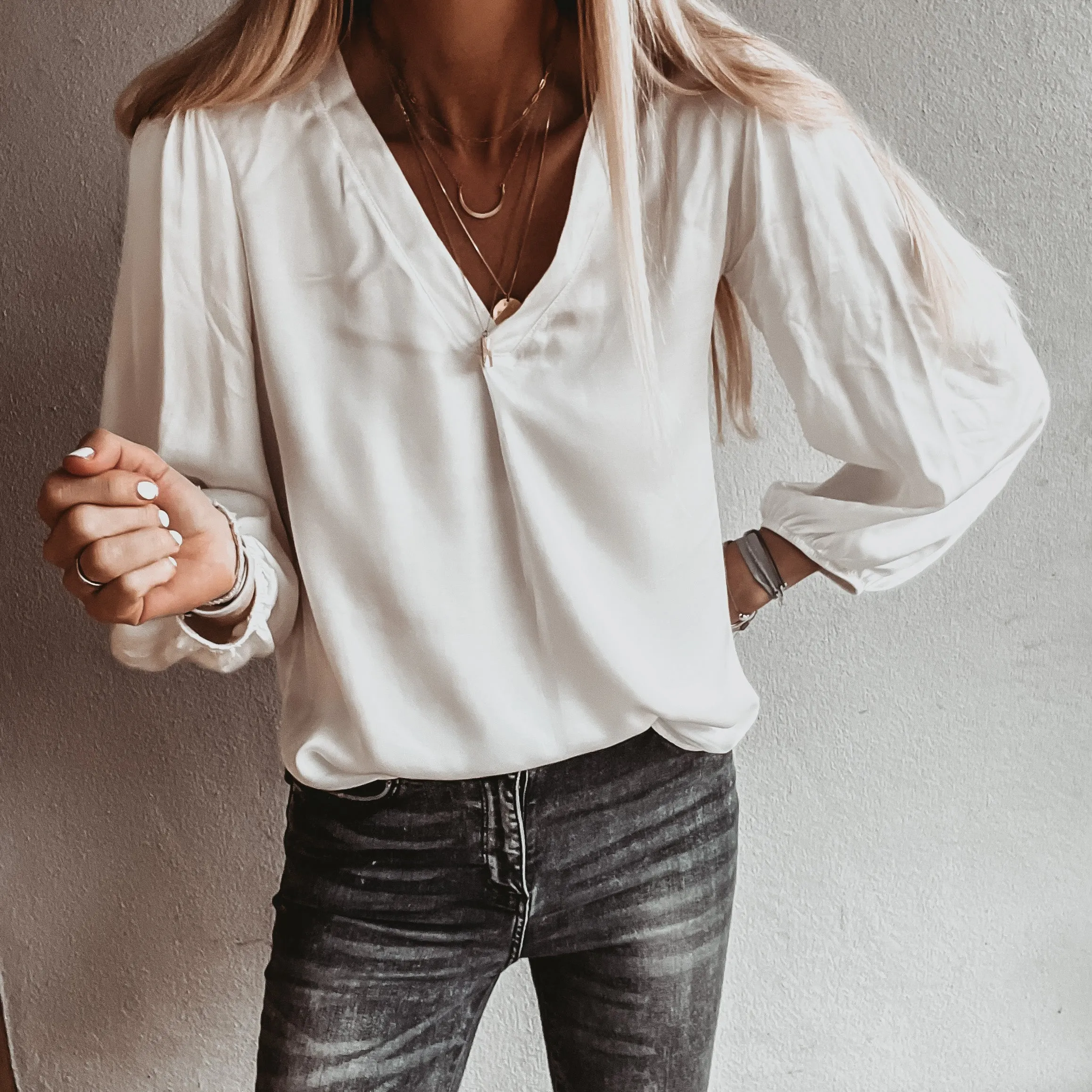 Sardinia Vintage white V neck Satin Blouse