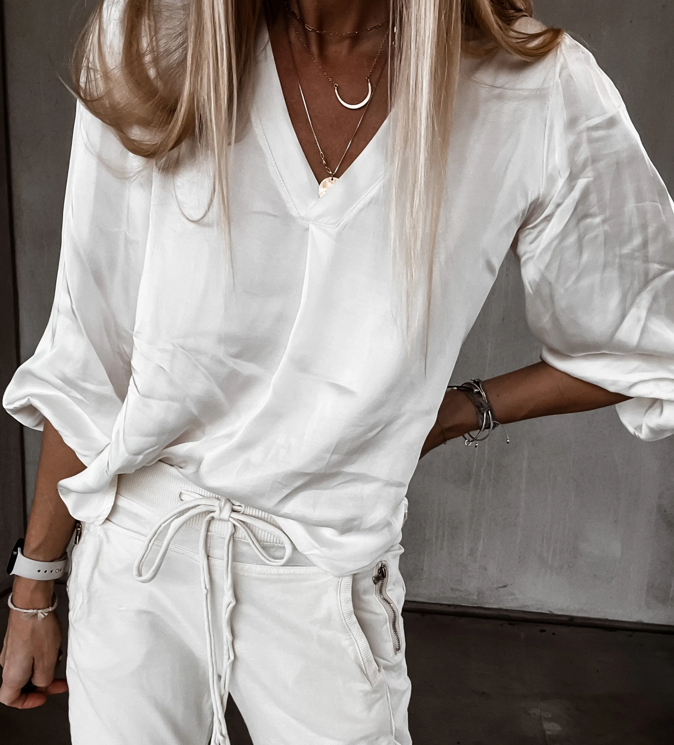 Sardinia Vintage white V neck Satin Blouse