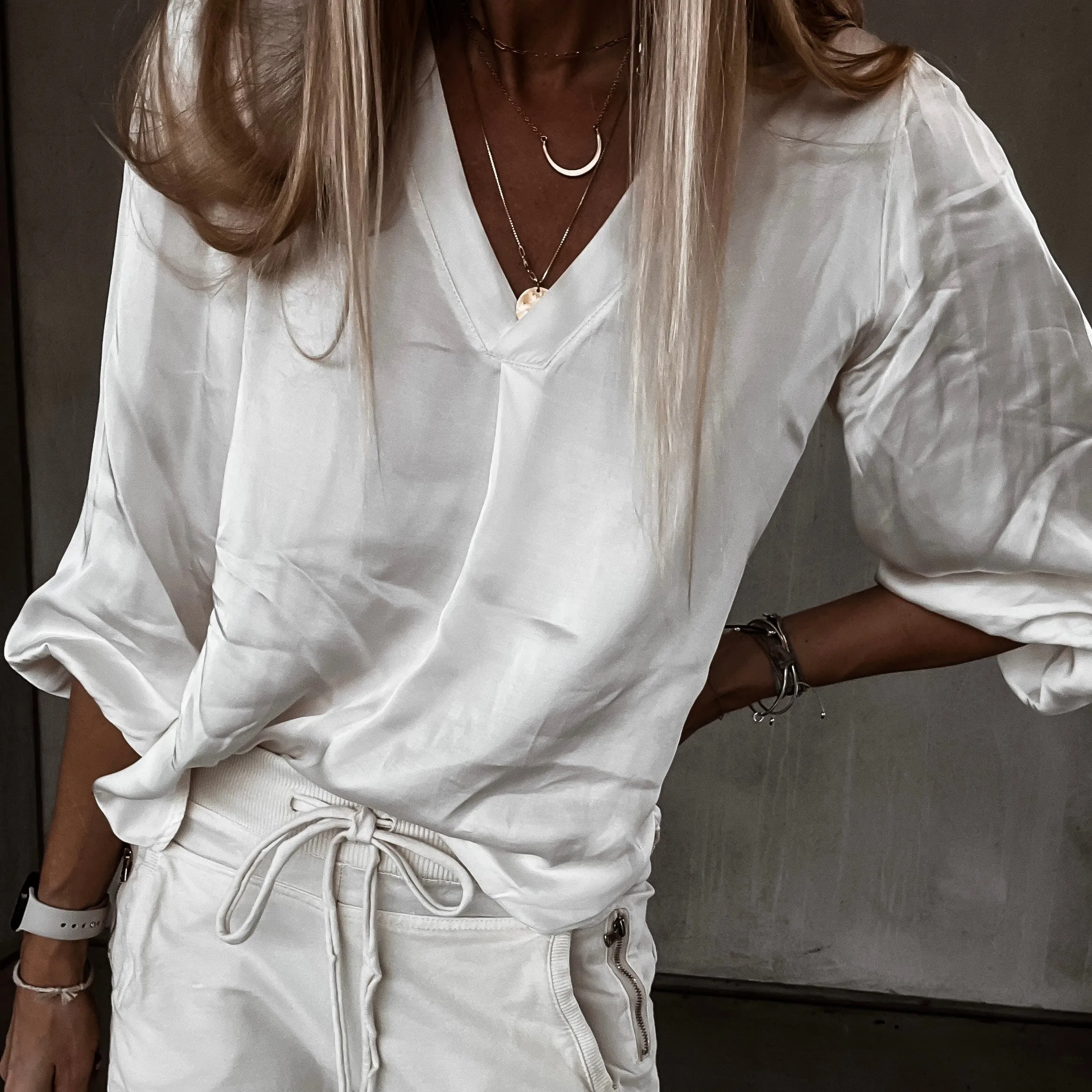 Sardinia Vintage white V neck Satin Blouse