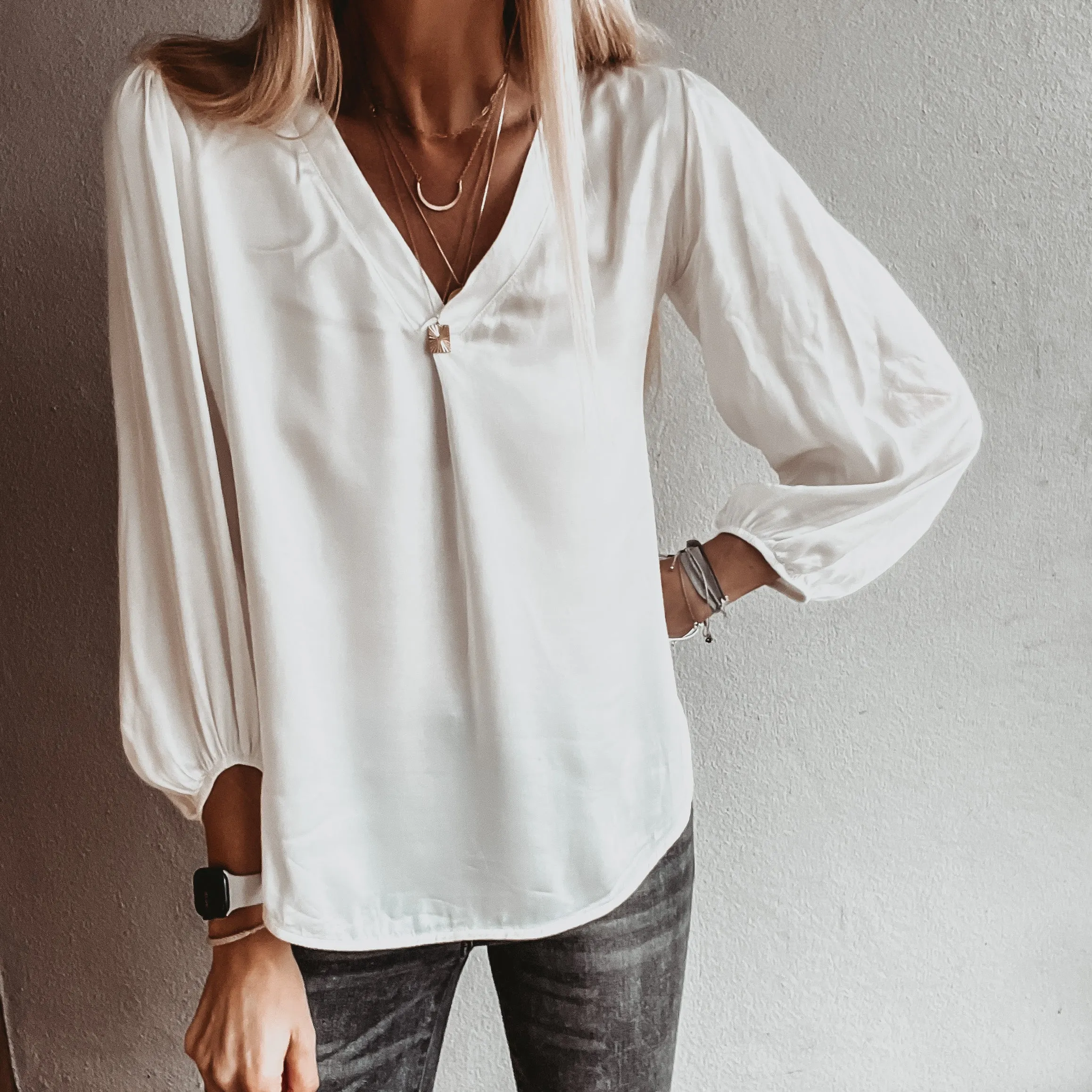 Sardinia Vintage white V neck Satin Blouse