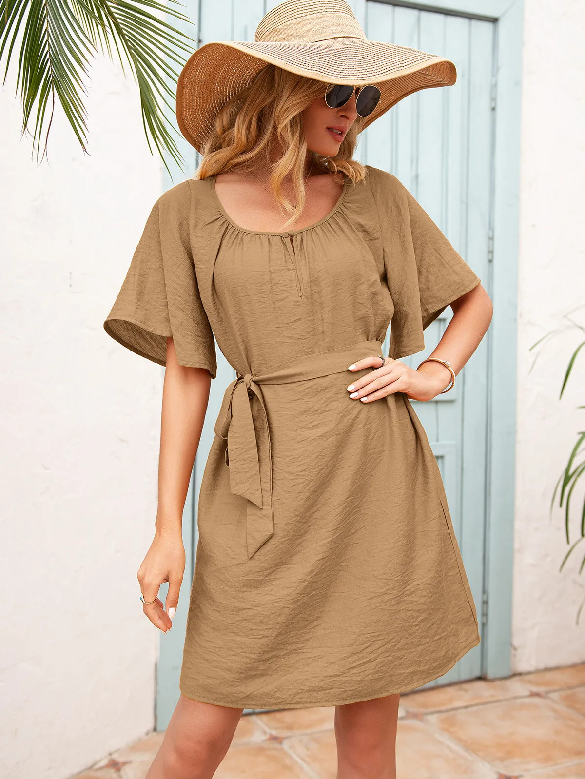 Tie Waist Flutter Sleeve Mini Dress