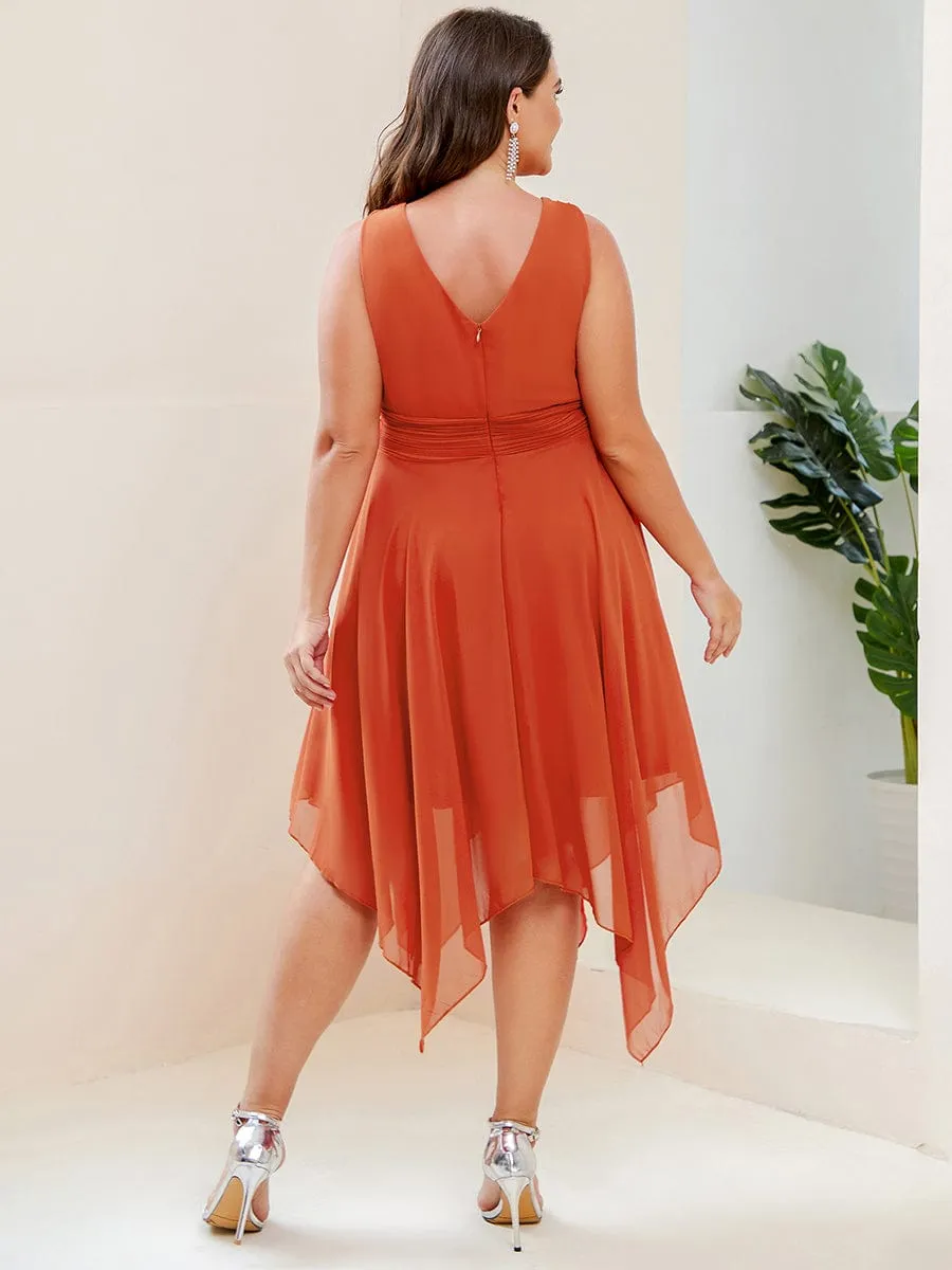 V Neck Ruched Asymmetrical Hems Midi Chiffon Bridesmaid Dress