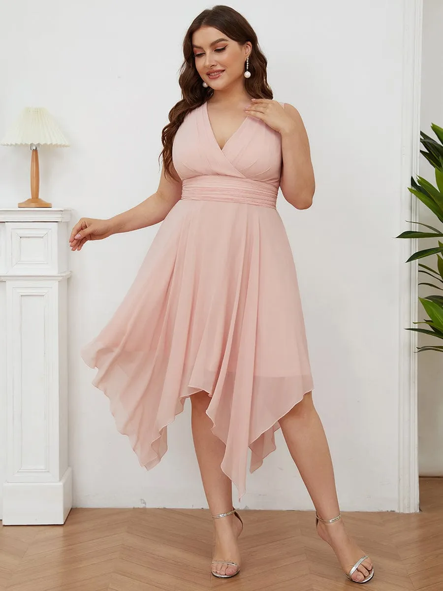 V Neck Ruched Asymmetrical Hems Midi Chiffon Bridesmaid Dress