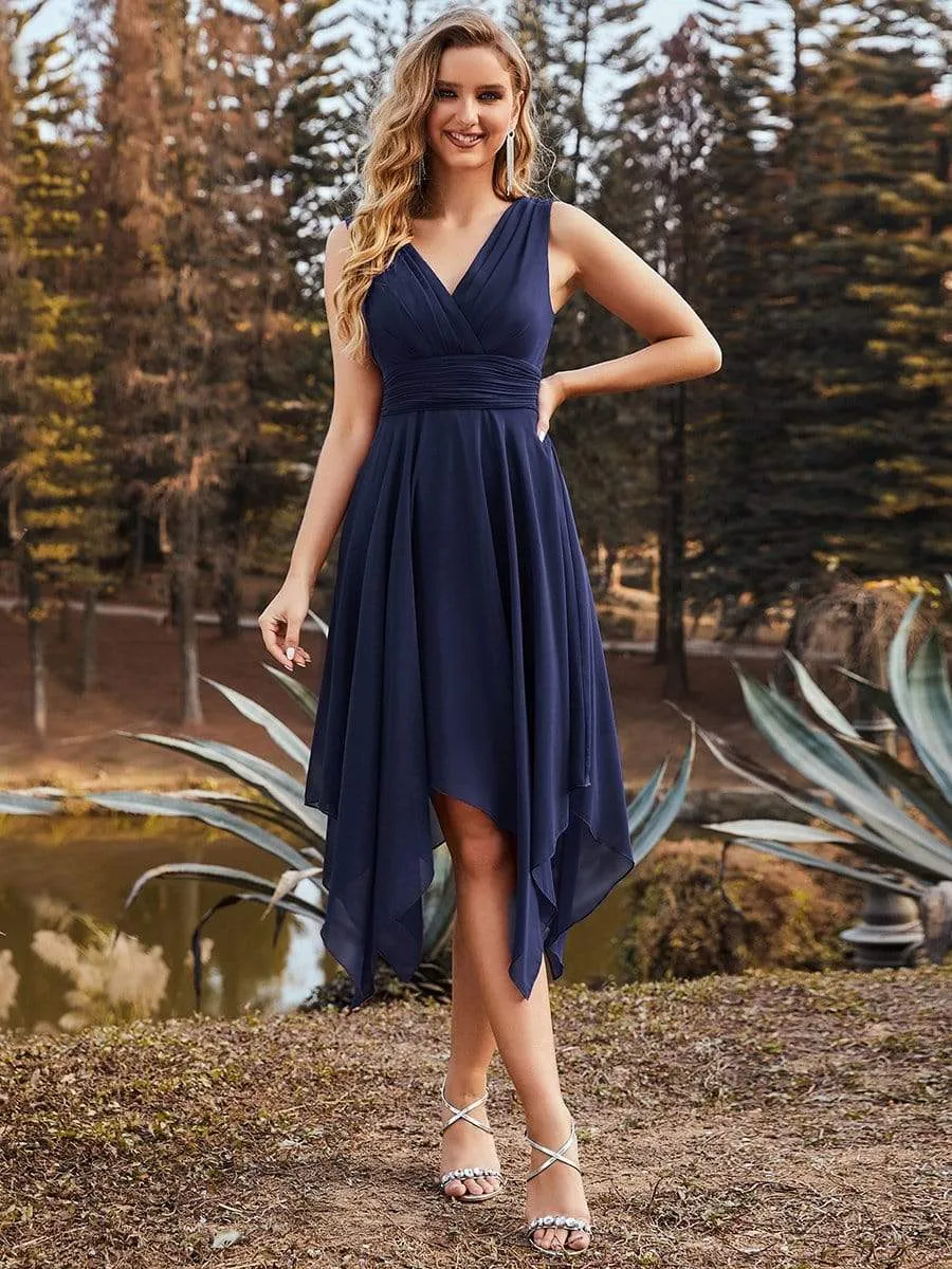 V Neck Ruched Asymmetrical Hems Midi Chiffon Bridesmaid Dress