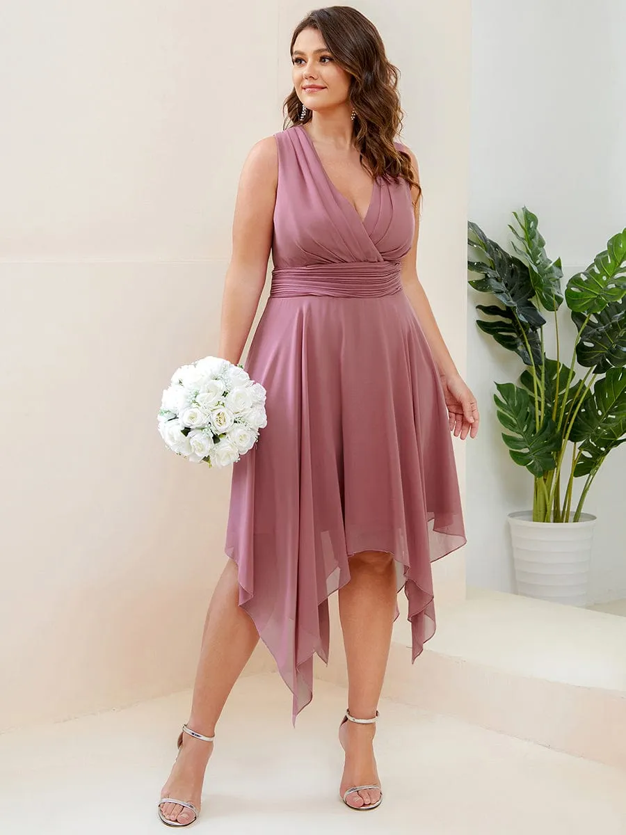 V Neck Ruched Asymmetrical Hems Midi Chiffon Bridesmaid Dress