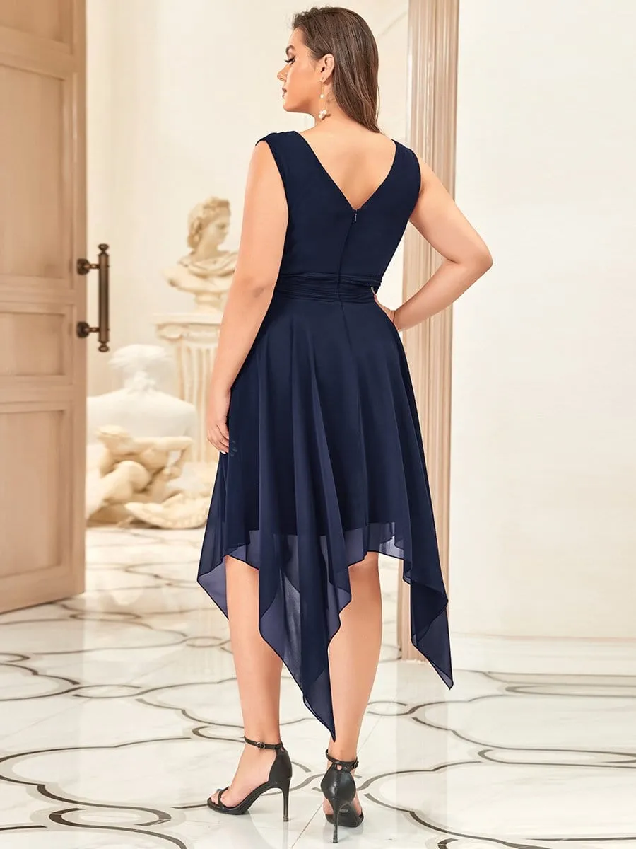 V Neck Ruched Asymmetrical Hems Midi Chiffon Bridesmaid Dress