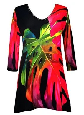 Valentina Signa Colored Palm frond, 3/4 Sleeve V-Neck Tunic Rhinestone Accents