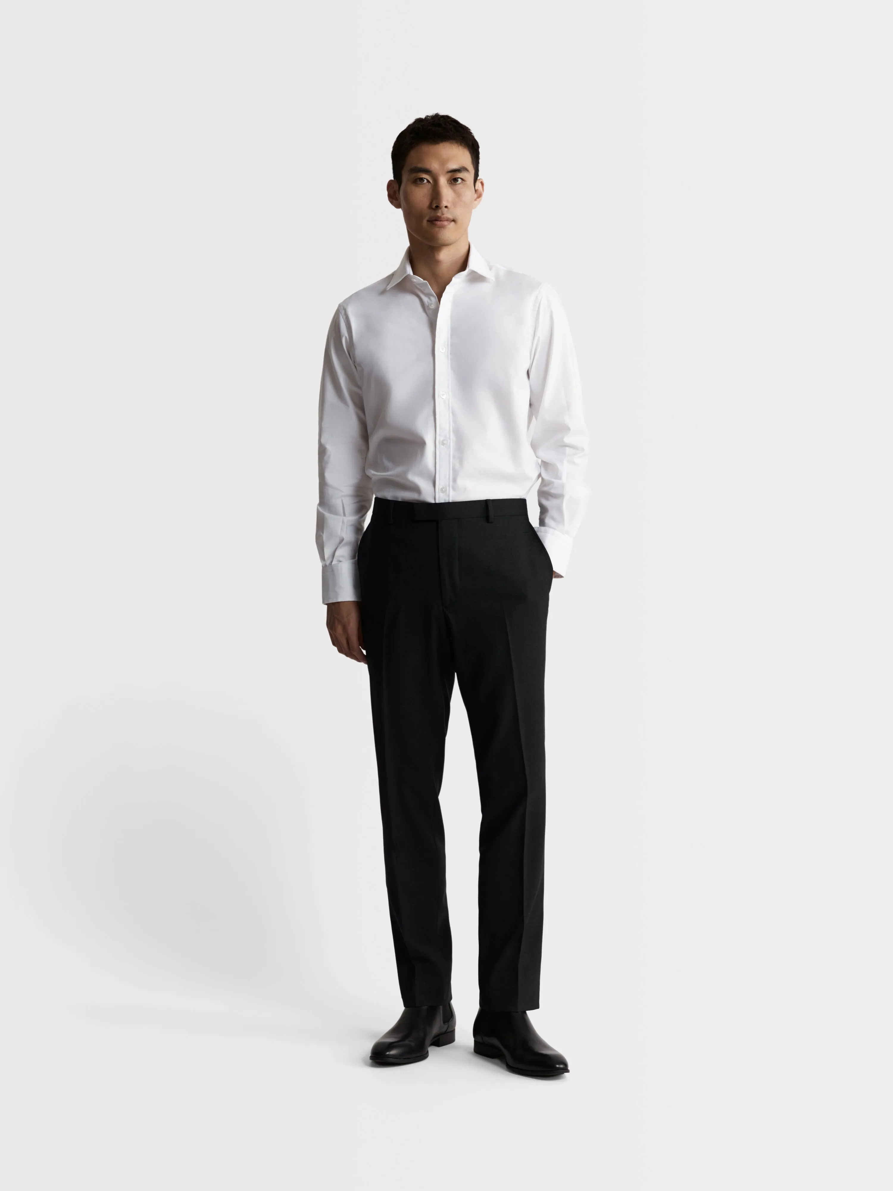 White Poplin Stretch Fitted Single Cuff Cutaway Collar Shirt