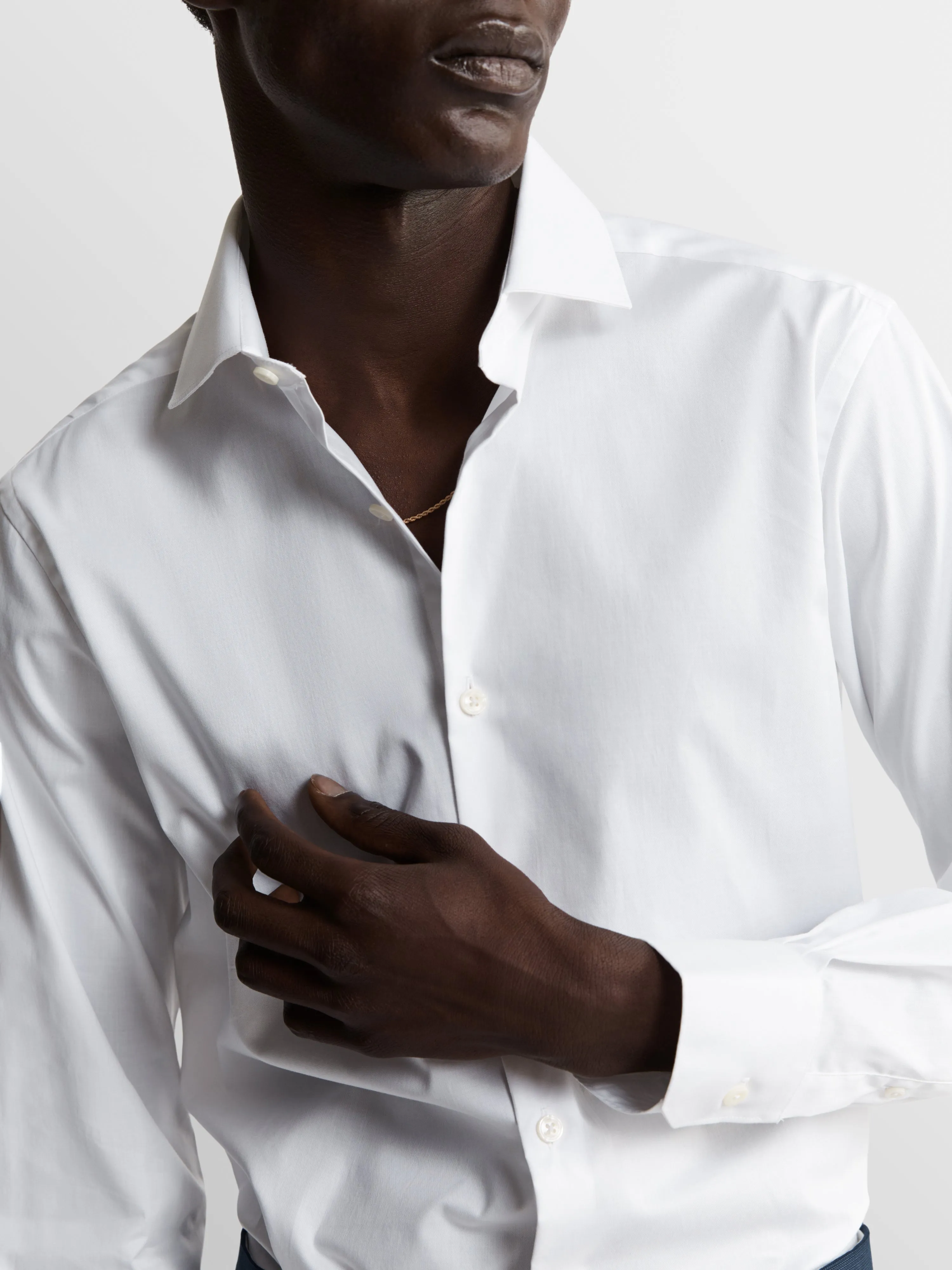 White Stretch Twill Slim Fit Single Cuff Classic Collar Shirt