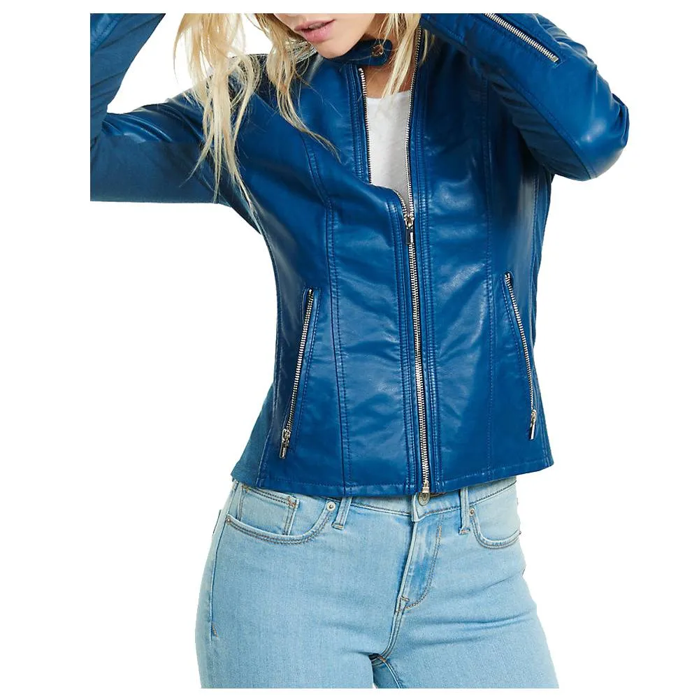 Women Blue Soft Lambskin Motorcycle Racer Leather Jacket