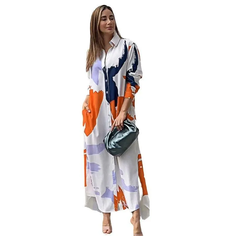 Women's Fashion Printed Long Sleeve Side Split Dress